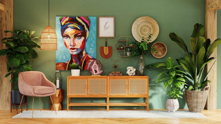 Photo Of Green Wall Decorated With Paintings Plant Accents And Wooden Furnishings 768x432 