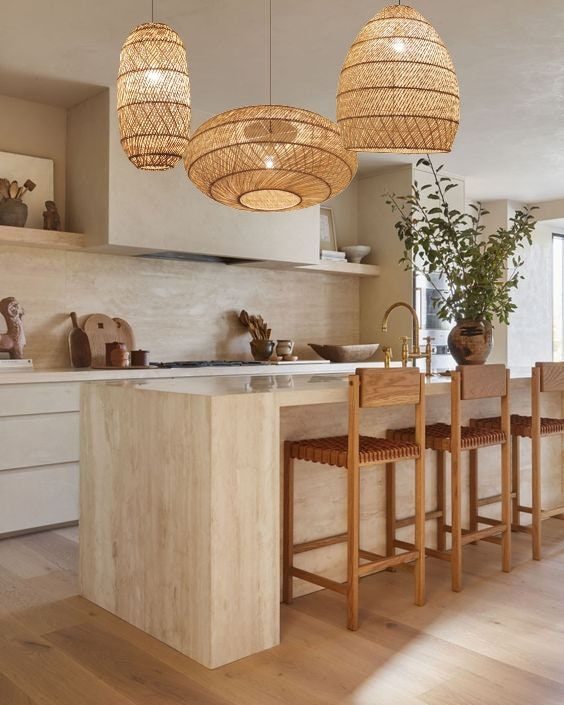 Rattan pendant lights and kitchen countertop